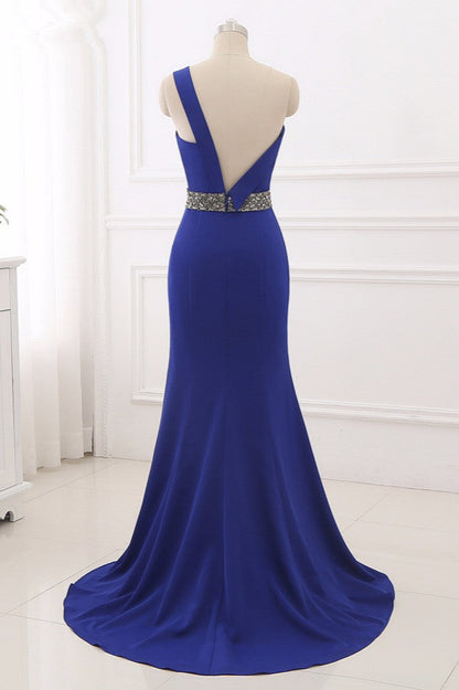 Royal Blue One Shoulder Sleeveless Mermaid Prom Dress with Beadsstones
