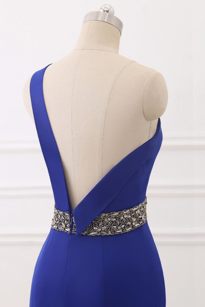 Royal Blue One Shoulder Sleeveless Mermaid Prom Dress with Beadsstones
