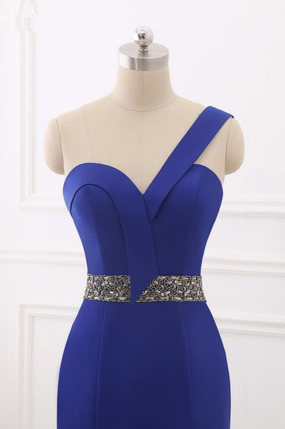 Royal Blue One Shoulder Sleeveless Mermaid Prom Dress with Beadsstones