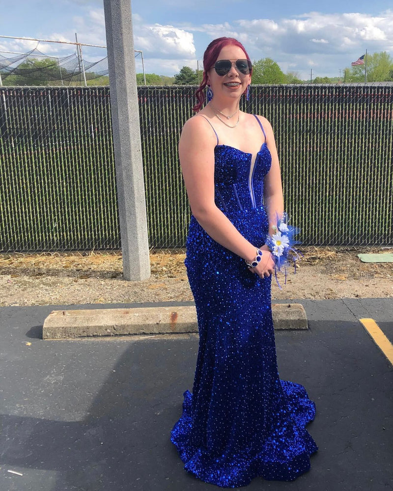 Royal Blue Sequin Straps Mermaid Long Prom Dress