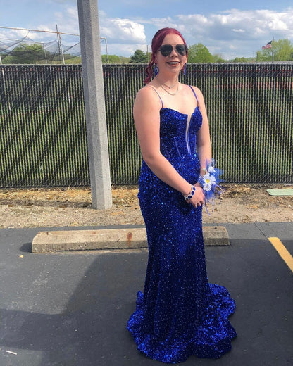 Royal Blue Sequin Straps Mermaid Long Prom Dress