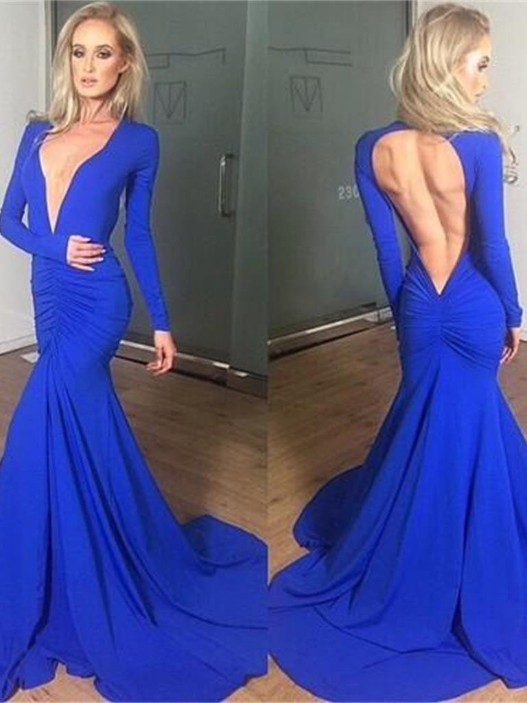 Royal Blue V-Neck Long Sleeves Mermaid Prom Dress