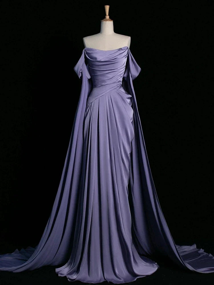 Royal Purple A-Line Off Shoulder Satin Long Prom Dress Formal Evening Dress Wedding Dress