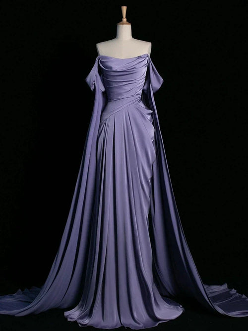 Royal Purple A-Line Off Shoulder Satin Long Prom Dress Formal Evening Dress Wedding Dress