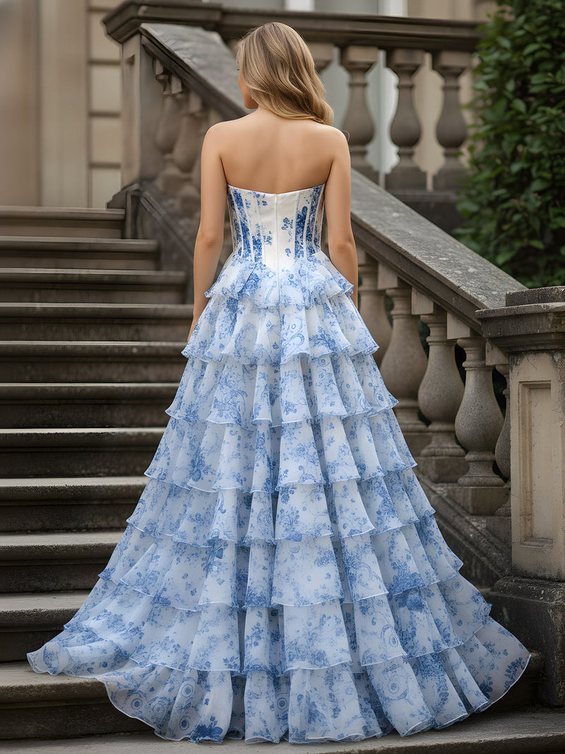 Ruffled Tiered Skirt Gown with Floral Print Organza Blue