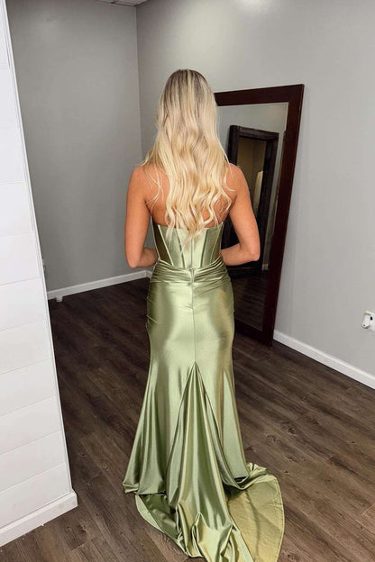 Sage Green Bustier Satin Fitted Prom Dress