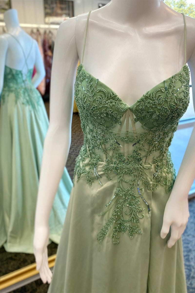 Sage Green Corset Embroidered A-line Long Formal Dress