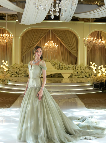 Sage Green Off the Shoulder Beaded Satin Tulle Prom Dress Wedding Guest Dress