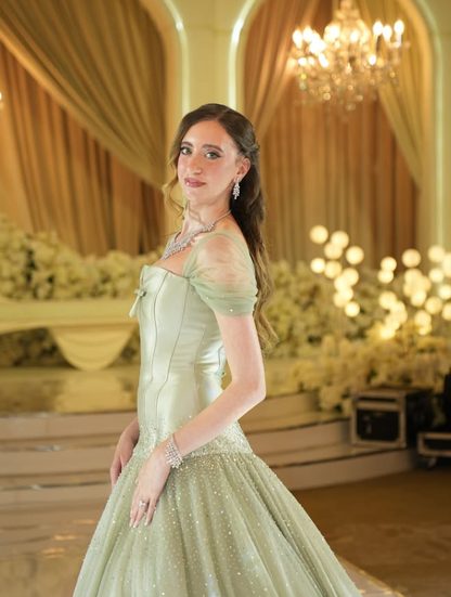 Sage Green Off the Shoulder Beaded Satin Tulle Prom Dress Wedding Guest Dress