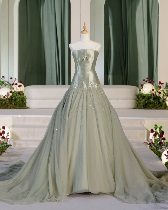 Sage Green Off the Shoulder Beaded Satin Tulle Prom Dress Wedding Guest Dress