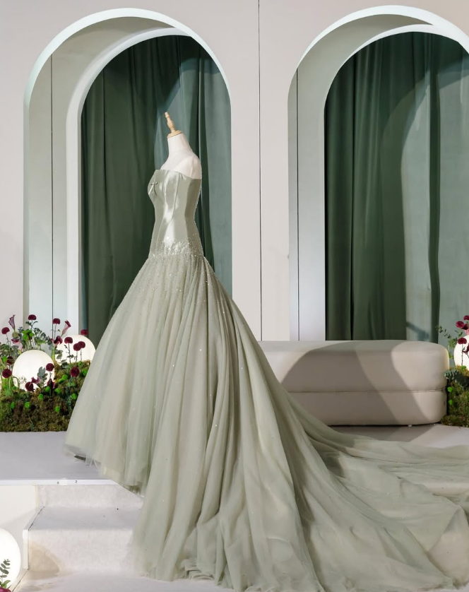 Sage Green Off the Shoulder Beaded Satin Tulle Prom Dress Wedding Guest Dress