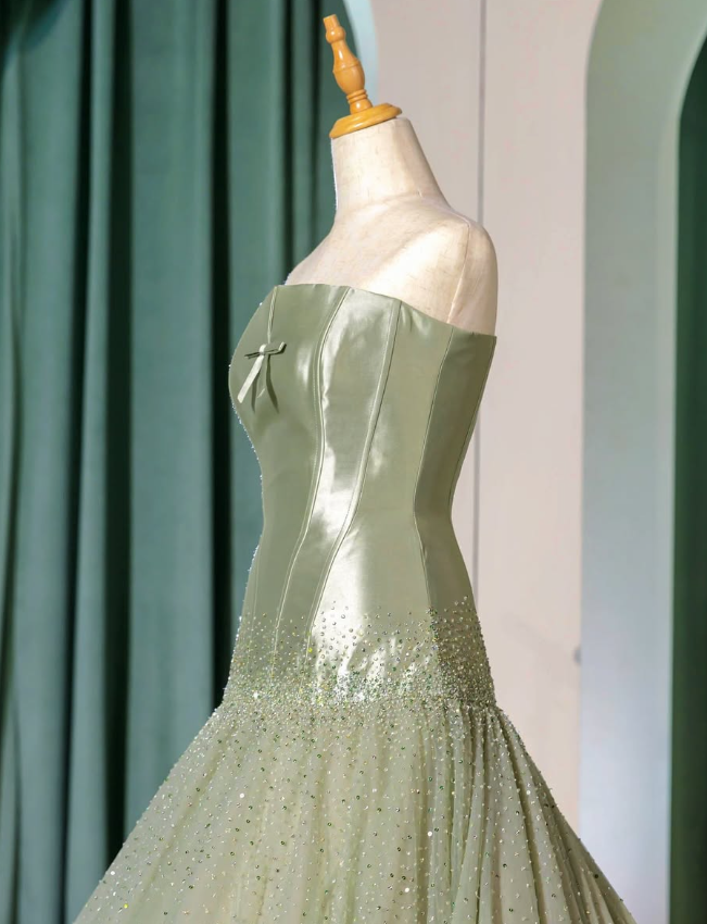 Sage Green Off the Shoulder Beaded Satin Tulle Prom Dress Wedding Guest Dress