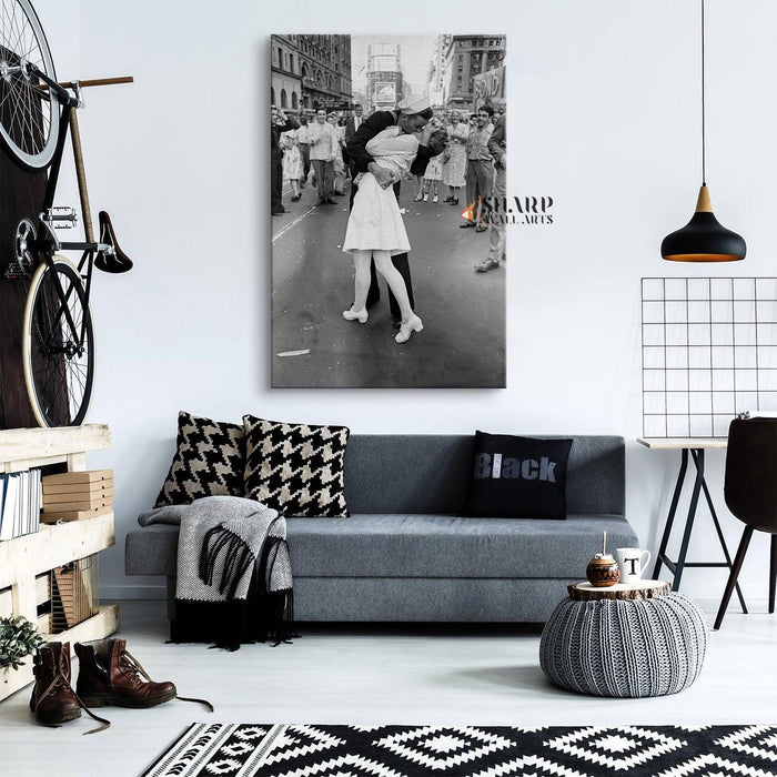 Sailor Kissing Nurse In Times Square Black And White Canvas Wall Art - SharpWallArts