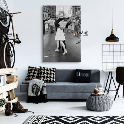 Sailor Kissing Nurse In Times Square Black And White Canvas Wall Art - SharpWallArts