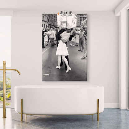 Sailor Kissing Nurse In Times Square Black And White Canvas Wall Art - SharpWallArts