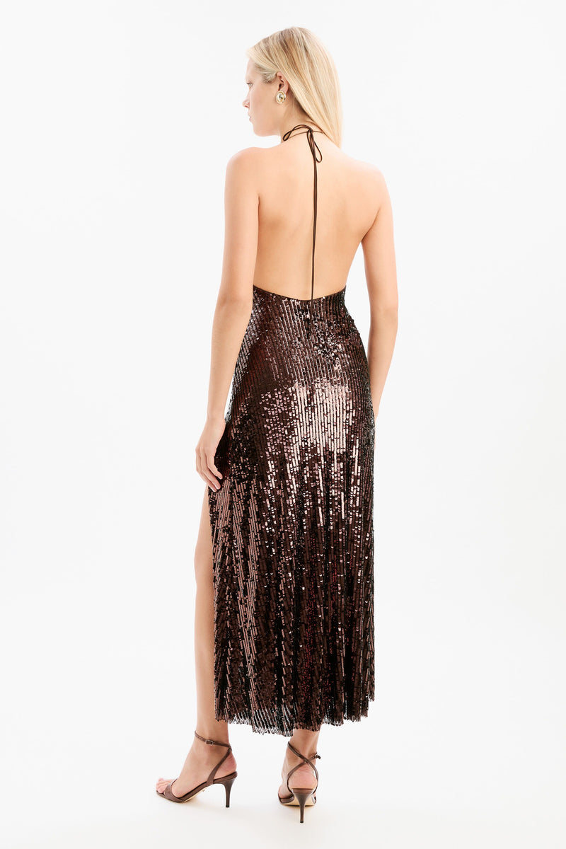 Santina Sequin Halter Maxi Dress - Chocolate
