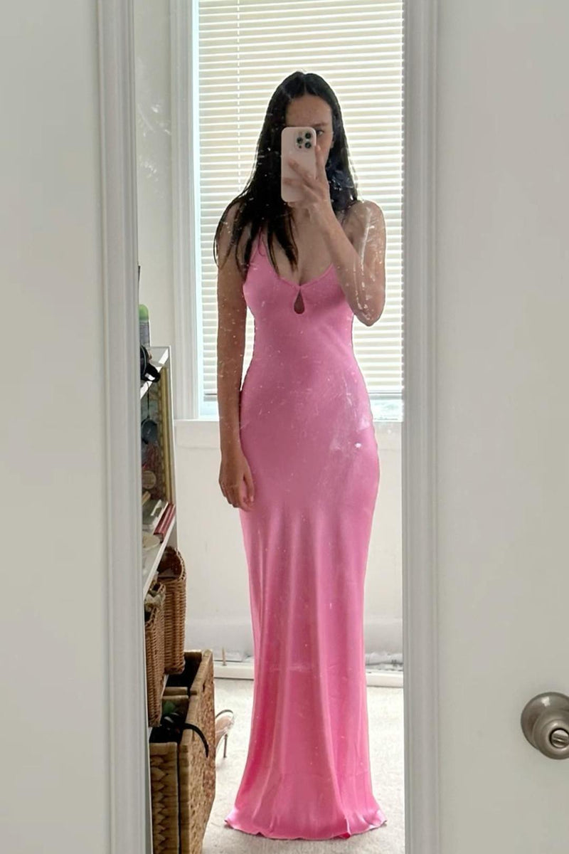 Scoop Pink Sheath Satin Long Maxi Dress