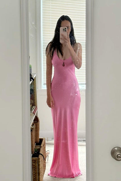 Scoop Pink Sheath Satin Long Maxi Dress