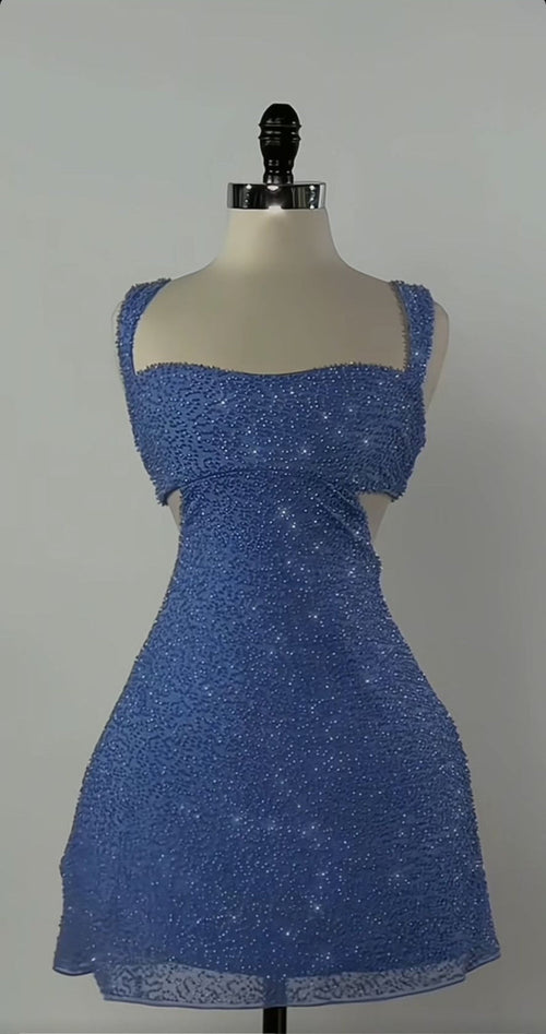 Sexy A-Line Short Prom Dresses Blue Homecoming Dresses Beaded Birthday Dresses