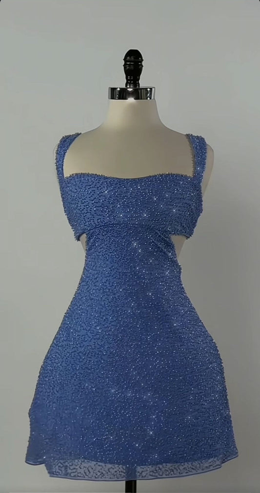 Sexy A-Line Short Prom Dresses Blue Homecoming Dresses Beaded Birthday Dresses