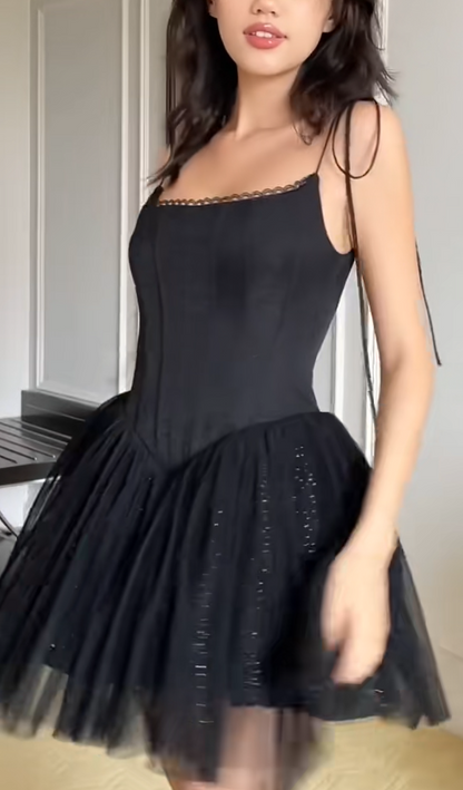 Sexy A-Line Short Prom Dresses Tulle Sleeveless Homecoming Dresses Spaghetti Straps Balck Birthday Dresses
