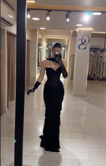Sexy Black Sheath Sweetheart Neck Beaded Lace Satin Prom Dress Birthday Party Dress