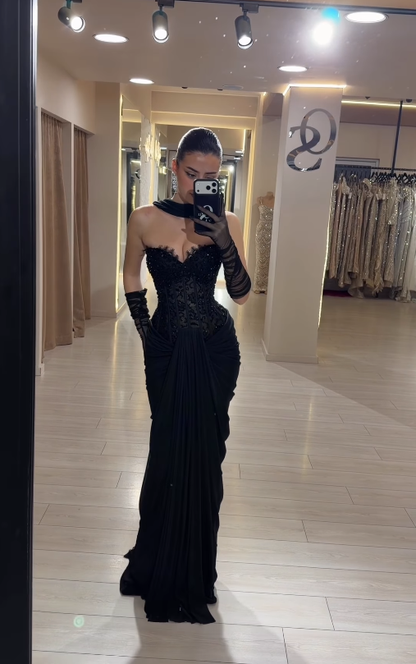 Sexy Black Sheath Sweetheart Neck Beaded Lace Satin Prom Dress Birthday Party Dress