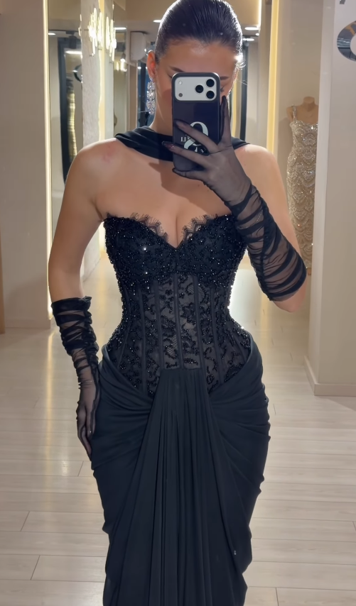 Sexy Black Sheath Sweetheart Neck Beaded Lace Satin Prom Dress Birthday Party Dress