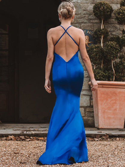 Sexy Blue V-Neck Mermaid Prom Dress