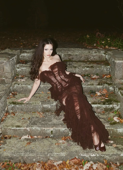 Sexy Brown Sheath Sweetheart Neck Layered Tulle Long Prom Dress