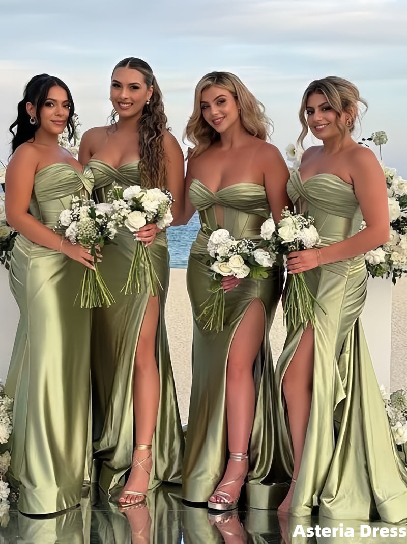 Sexy Green Front-Twist Long Mermaid Bridesmaid Dress with Slit
