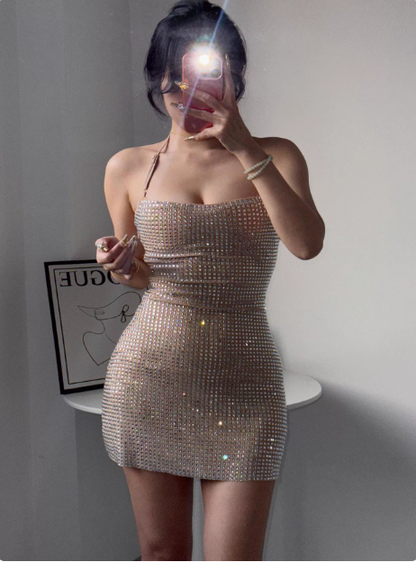 Sexy Halter Neck Super Sparkling Rhinestone Hip-wrapped Birthday Short Skirt Homecoming Dress