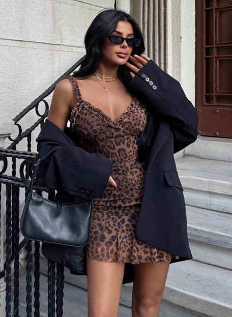 Sexy Hot Girl Ear Lace Leopard Print Low-cut V-neck Birthday Skirt Homecoming Dress