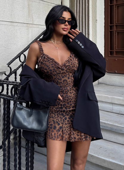 Sexy Hot Girl Ear Lace Leopard Print Low-cut V-neck Birthday Skirt Homecoming Dress