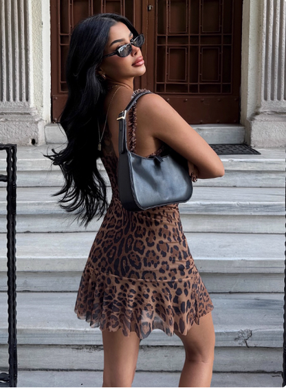 Sexy Hot Girl Ear Lace Leopard Print Low-cut V-neck Birthday Skirt Homecoming Dress