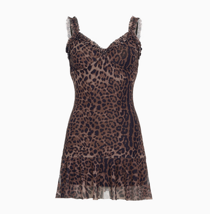 Sexy Hot Girl Ear Lace Leopard Print Low-cut V-neck Birthday Skirt Homecoming Dress
