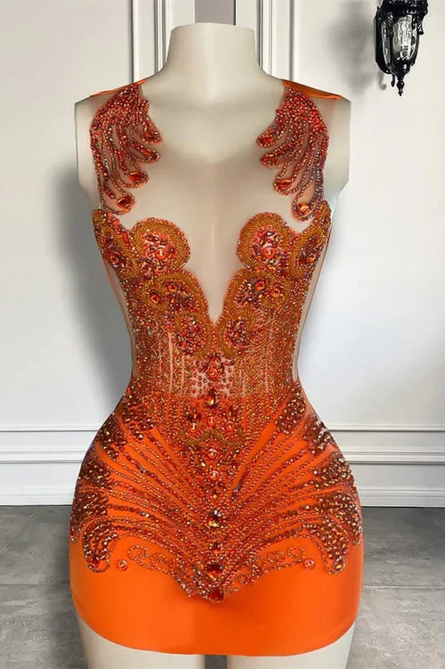 Sexy Jewel Bodycon Beaded Birthday Dresses, Orange Homecoming Dresses
