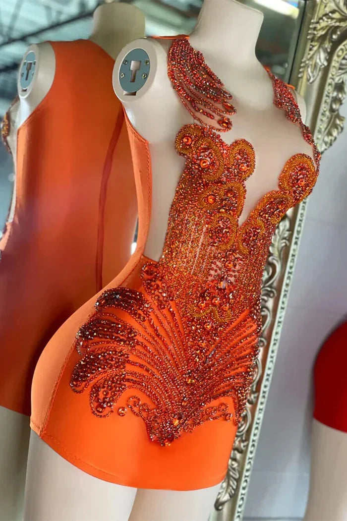 Sexy Jewel Bodycon Beaded Birthday Dresses, Orange Homecoming Dresses