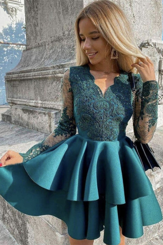 Sexy Lace Sleeve Short Prom Dress with Appliques