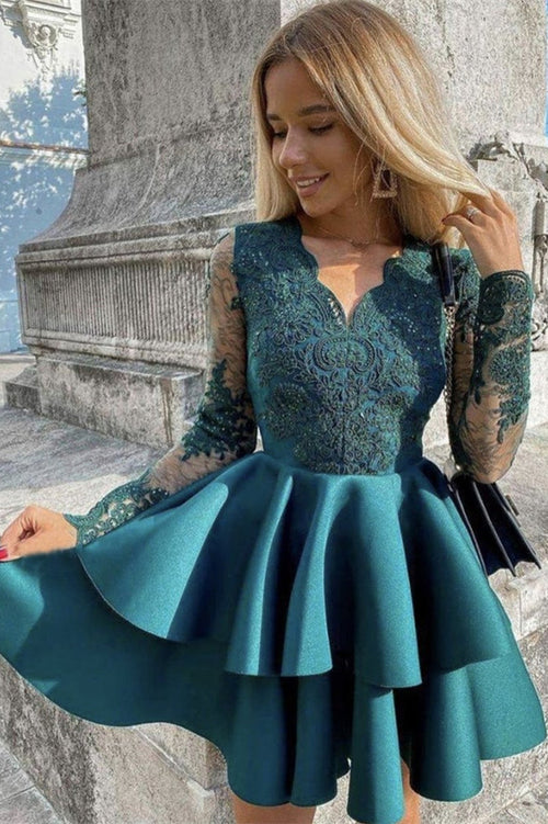 Sexy Lace Sleeve Short Prom Dress with Appliques