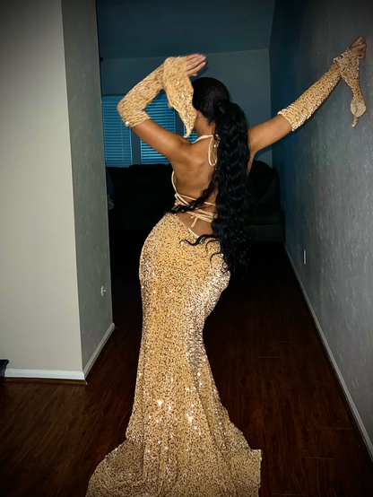 Sexy Mermaid Halter Red Sequin Long Prom Dress With Gloves