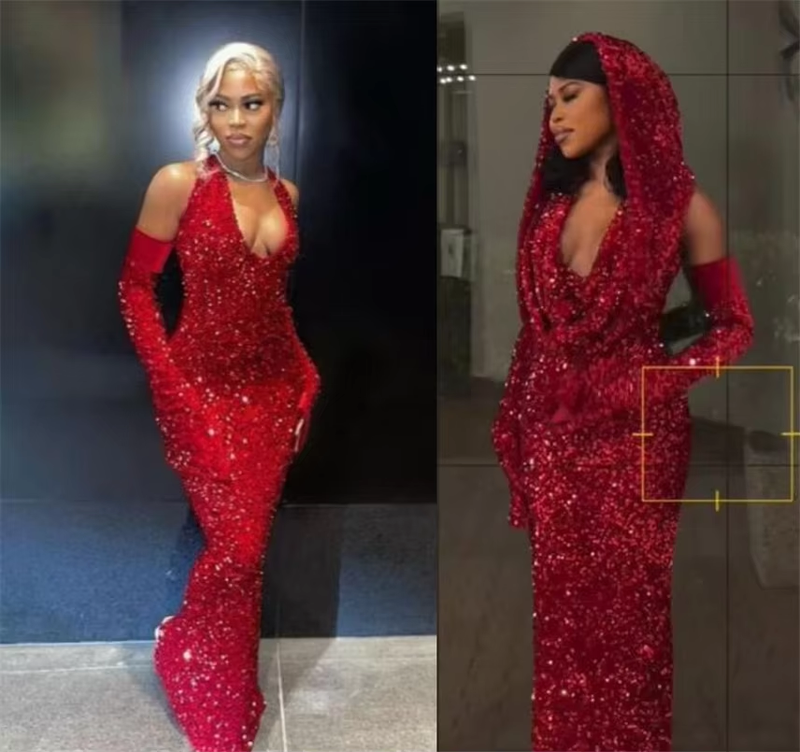 Sexy Mermaid Halter Red Sequin Long Prom Dress With Gloves