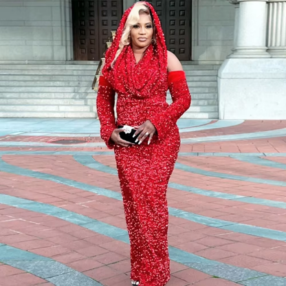 Sexy Mermaid Halter Red Sequin Long Prom Dress With Gloves