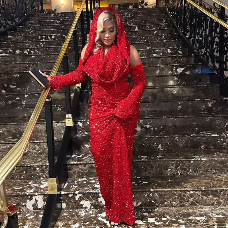 Sexy Mermaid Halter Red Sequin Long Prom Dress With Gloves