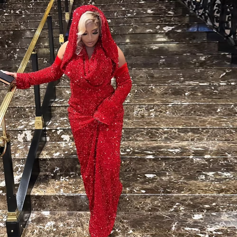 Sexy Mermaid Halter Red Sequin Long Prom Dress With Gloves