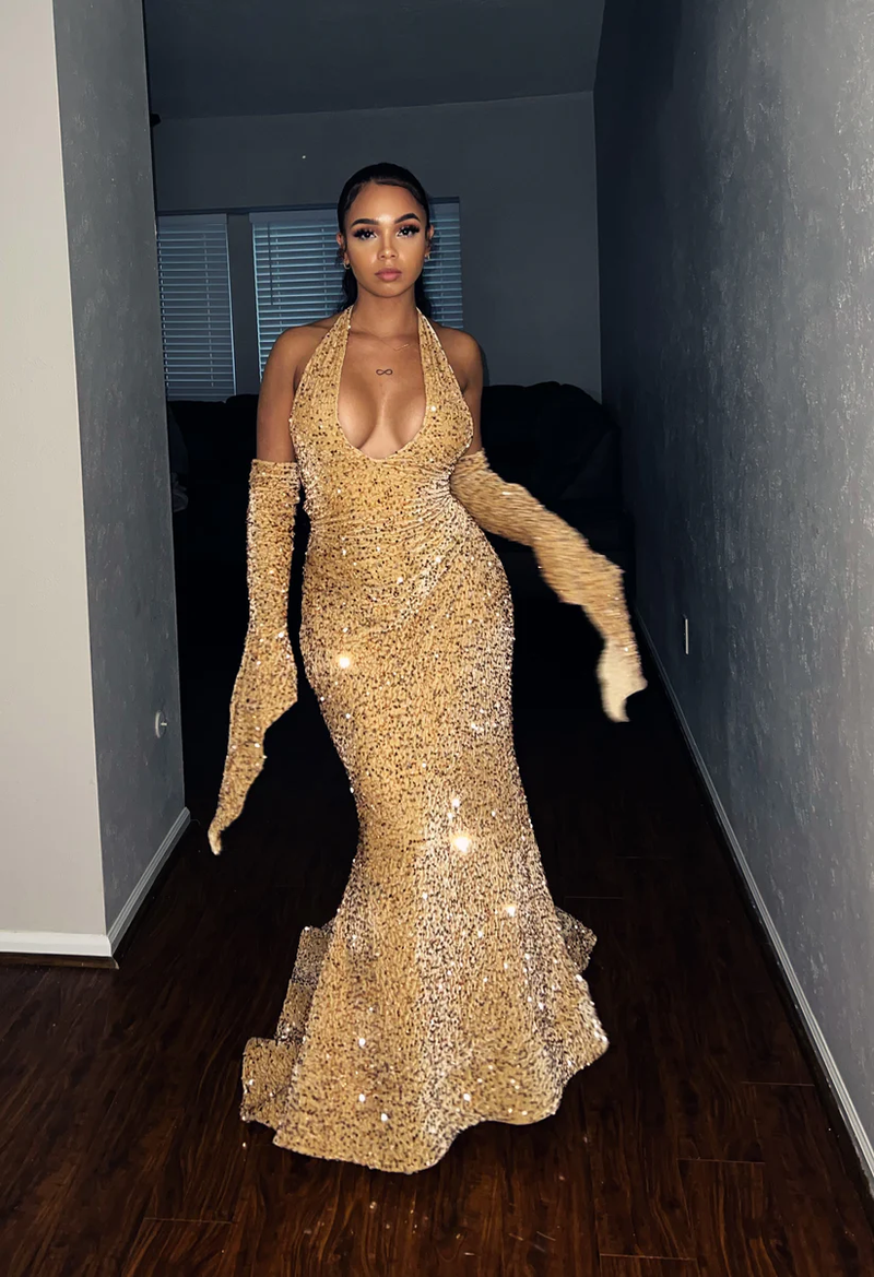 Sexy Mermaid Halter Red Sequin Long Prom Dress With Gloves