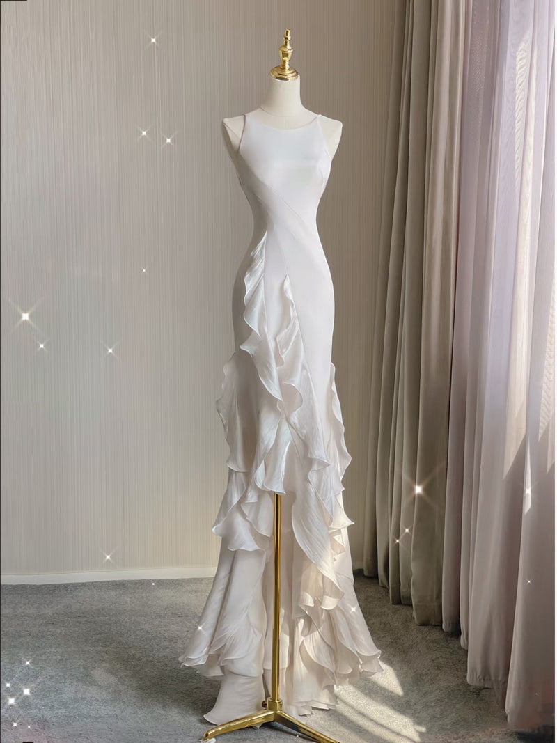 Sexy Mermaid Scoop Satin Night Party Dress White Long Prom Dresses