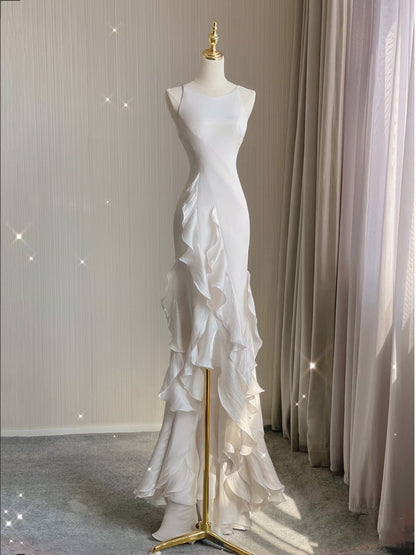Sexy Mermaid Scoop Satin Night Party Dress White Long Prom Dresses