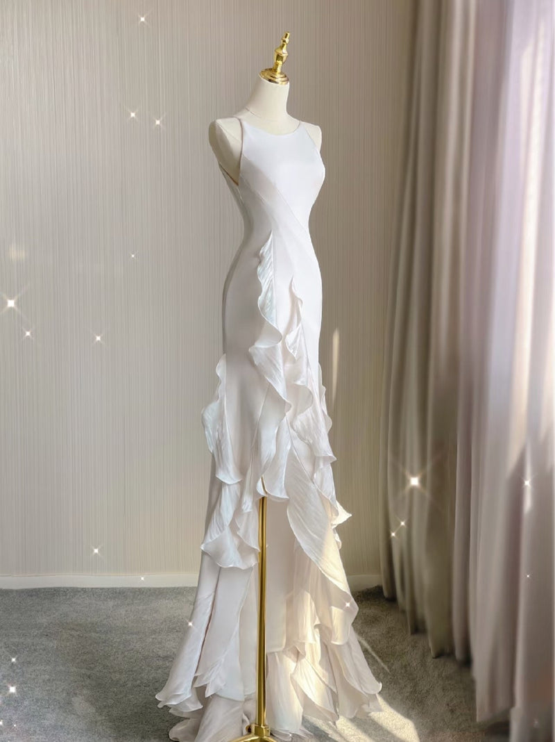 Sexy Mermaid Scoop Satin Night Party Dress White Long Prom Dresses