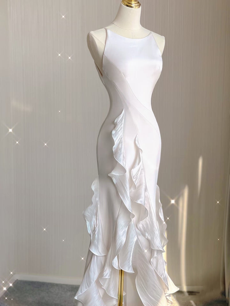 Sexy Mermaid Scoop Satin Night Party Dress White Long Prom Dresses